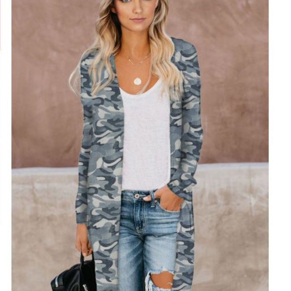 Gray Camo Print Long Cardigan